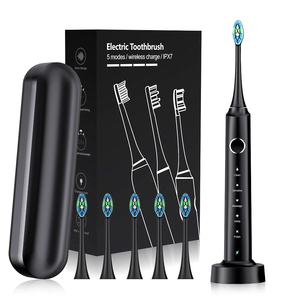 Escova Dentes Elétrica Sónica com 6 Cabeças - Timer Inteligente e Branqueamento Dental