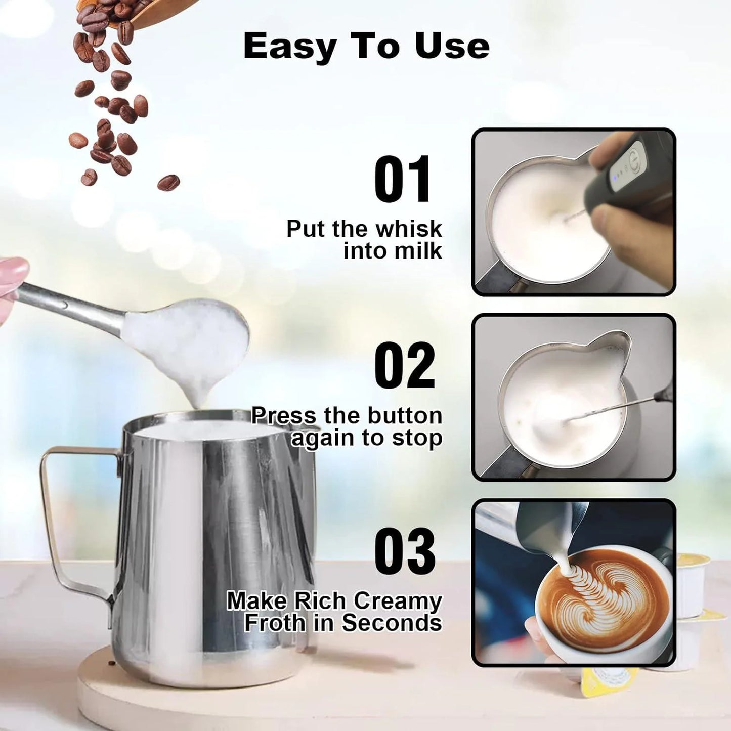 Espumador de Leite Elétrico USB Recarregável | 3 Velocidades para Café e Cappuccino