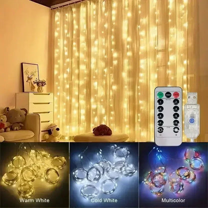 Luz de Cortina LED com Controle Remoto USB – 3m / 6m | 8 Modos de Iluminação | Decorativa para Quarto, Sala, Festas, Casamentos e Natal