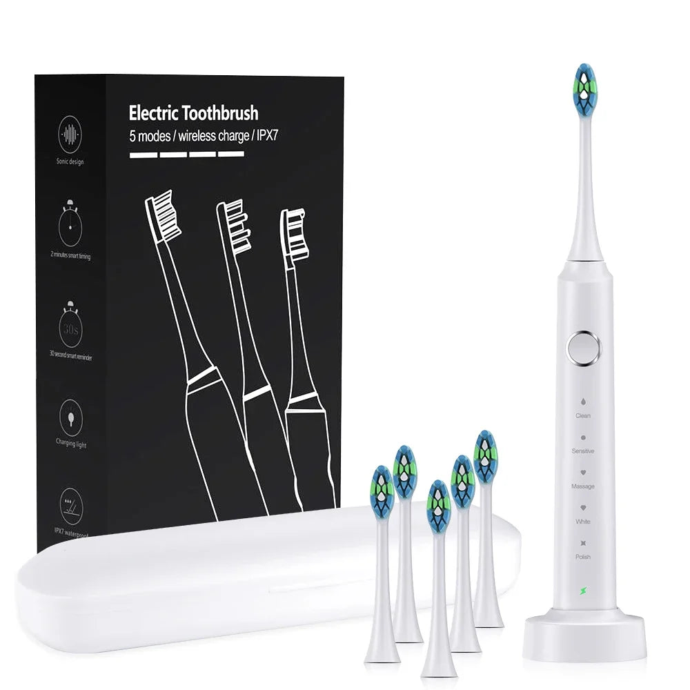 Escova Dentes Elétrica Sónica com 6 Cabeças - Timer Inteligente e Branqueamento Dental