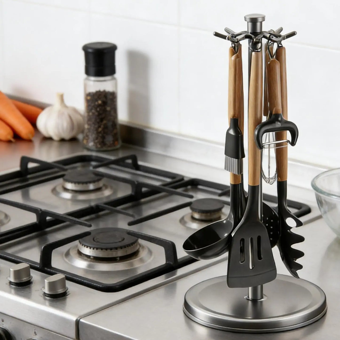 Suporte Utensílios Cozinha Rotativo 360º com 8 Ganchos – Organização Espátulas e Colheres | Alumínio