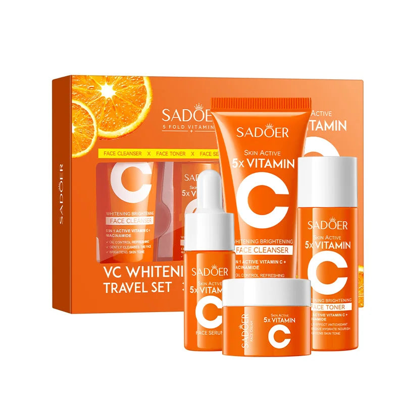 Kit de Cuidados com a Pele com Vitamina C – 5 Peças | Limpeza, Tónico, Essência, Creme e Hidratante | Conjunto Portátil para Viagem