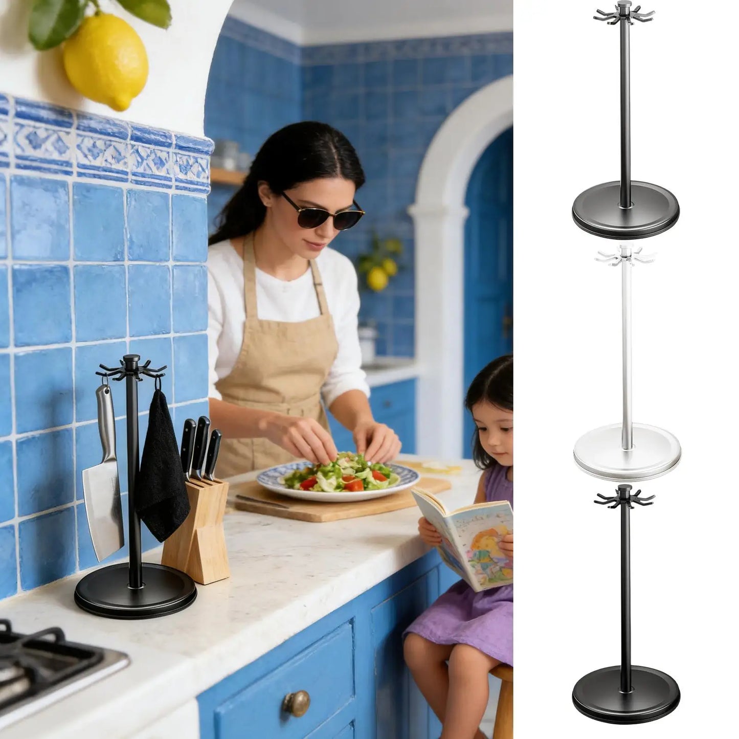 Suporte Utensílios Cozinha Rotativo 360º com 8 Ganchos – Organização Espátulas e Colheres | Alumínio