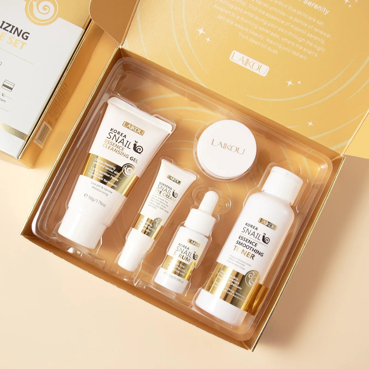 Kit LAIKOU Caracol 5 Peças - Gel Limpeza Tónico Sérum Creme Olhos Elasticidade Facial
