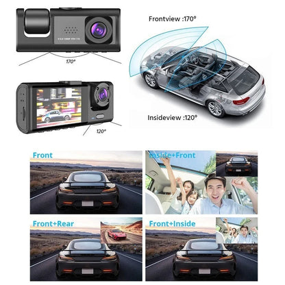 Dash Cam 3 Canais 1080P com Visão Noturna - Câmera DVR Carro com Ecrã IPS e Gravação Loop