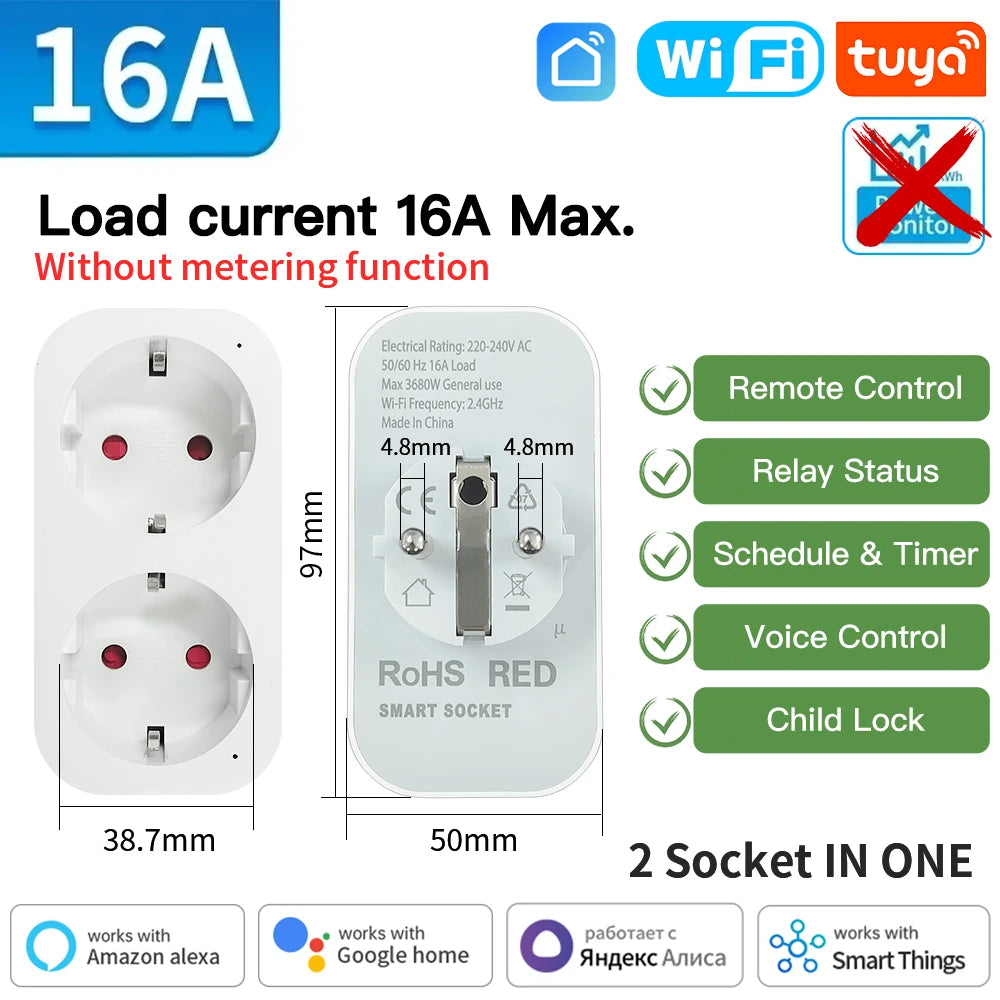 Tomada Inteligente TNCE Tuya WiFi / Zigbee 3.0 – Padrão EU 16A / 20A | Monitoramento de Energia, Temporizador, Controle por Voz | Compatível com Alexa