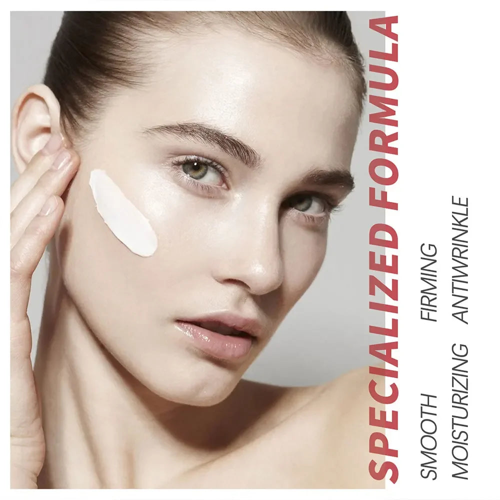 Close-up of woman applying white cream to her cheek, skincare firming moisturizing antiwrinkle