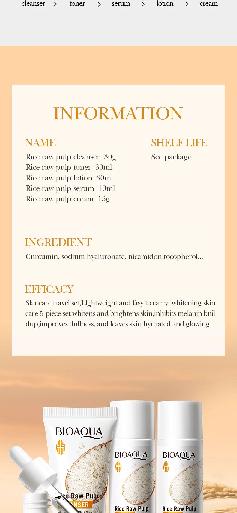 Conjunto de Cuidados de Pele BIOAQUA Rice | Limpeza, Tónico, Essência e Creme Iluminador