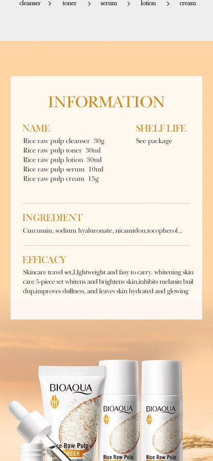 Conjunto de Cuidados de Pele BIOAQUA Rice | Limpeza, Tónico, Essência e Creme Iluminador
