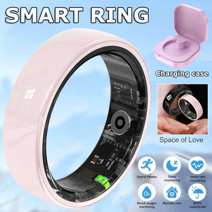 Smart Health & Sleep Ring | Gesture Control, 5ATM, Charging Case — Ola Esporte | White & Pink