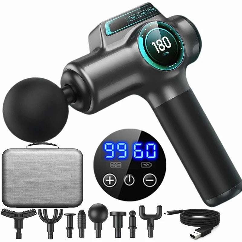 Pistola de Massagem Muscular Profissional 99 Velocidades — Chip IA, Ecrã LCD, 4 Cabeças Intercambiáveis
