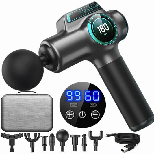 Pistola de Massagem Muscular Profissional 99 Velocidades — Chip IA, Ecrã LCD, 4 Cabeças Intercambiáveis