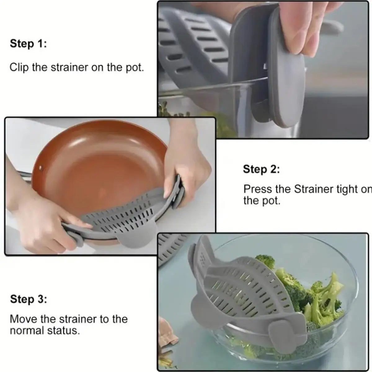 Coador Ajustável Clip-On em Aço Inox | Escorredor Universal para Panelas e Tigelas