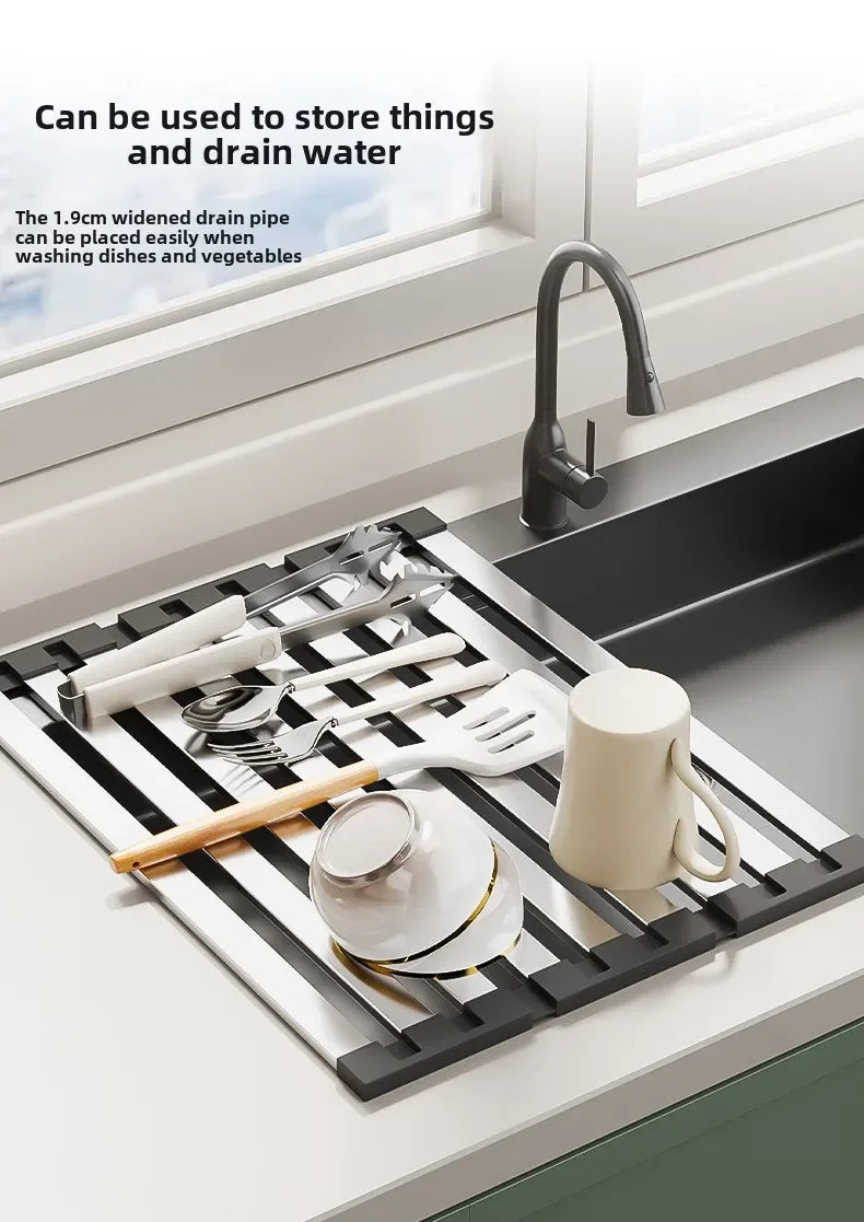 Escorredor Inox Retrátil Lava-Loiça 42x32,5cm – Cesto Organização Pratos e Pauzinhos | Inox 304