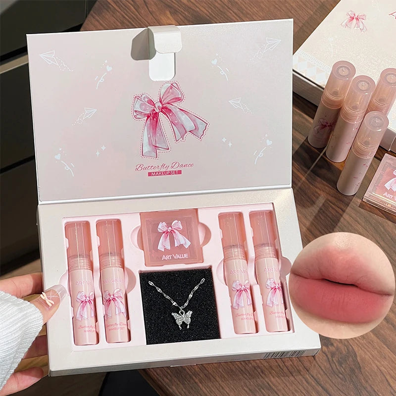 Conjunto de Batons Mate 6 Peças | Kit Veludo Nude com Blush e Colar Presente