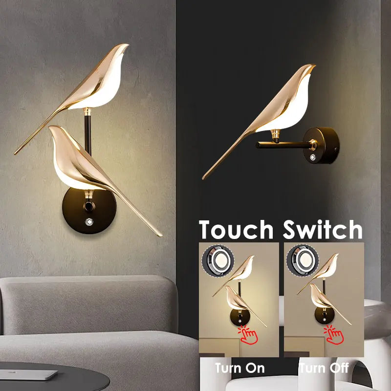 Arandela LED Pássaro Magpie Giratória 360° Dourada - Luminária Parede Nórdica para Quarto e Sala