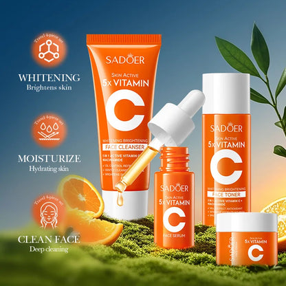 Kit de Cuidados com a Pele com Vitamina C – 5 Peças | Limpeza, Tónico, Essência, Creme e Hidratante | Conjunto Portátil para Viagem