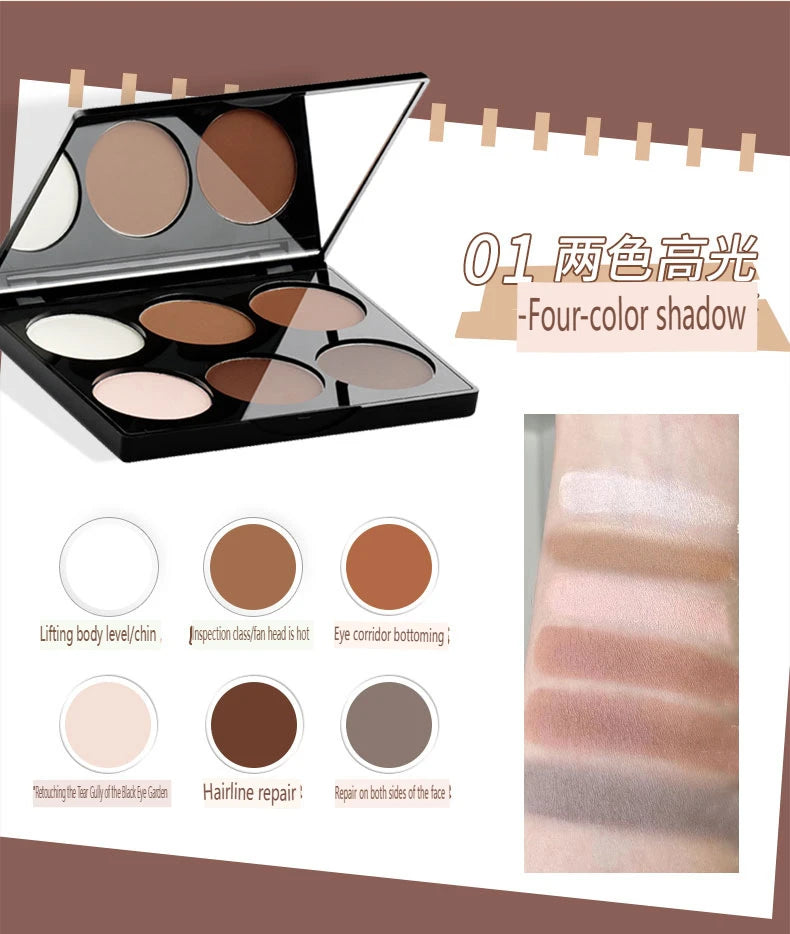 Paleta Contorno 6 Cores - Iluminador e Sombra Nariz Acabamento Matte Profissional Escultura Facial