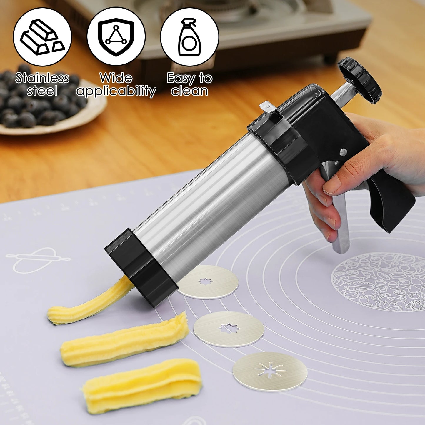 Kit Pistola Biscoitos Aço Inox com 16 Discos e 8 Bicos - Prensa Cookies Profissional